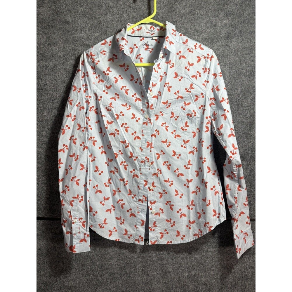 Boden Classic Shirt Women’s 6R Blue Red Cherry Print Button Front Cotton